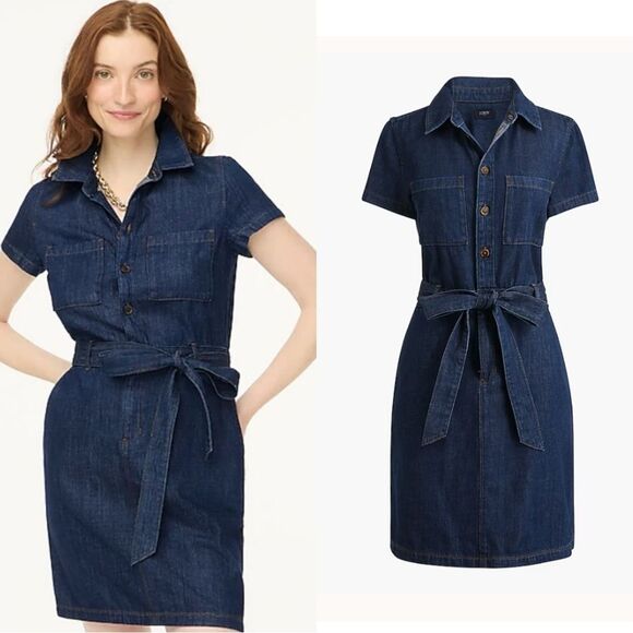 NWT J.Crew Factory Denim Utility Mini Dress in Rinse Blue dark wash - Picture 1 of 10